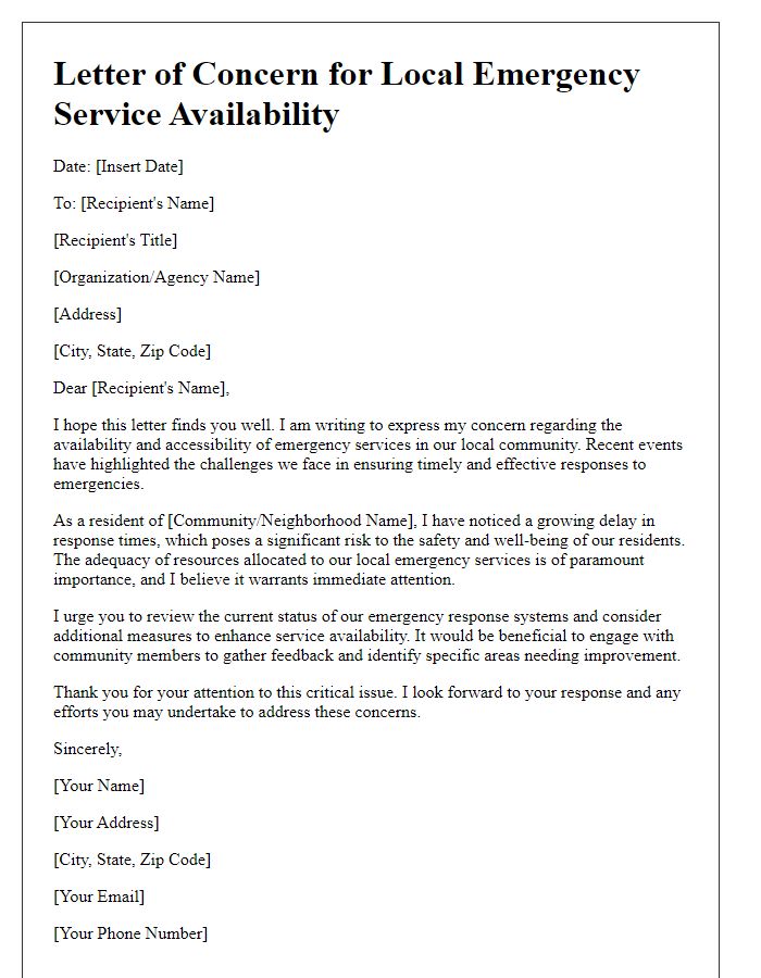 Letter template of concern for local emergency service availability.