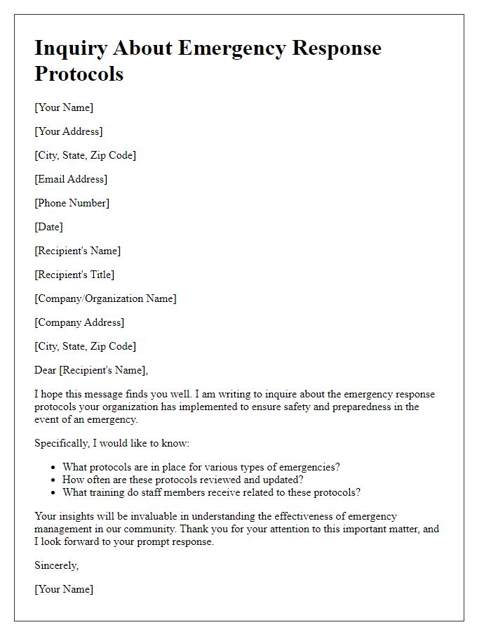 Letter template of inquiry regarding emergency response protocols.