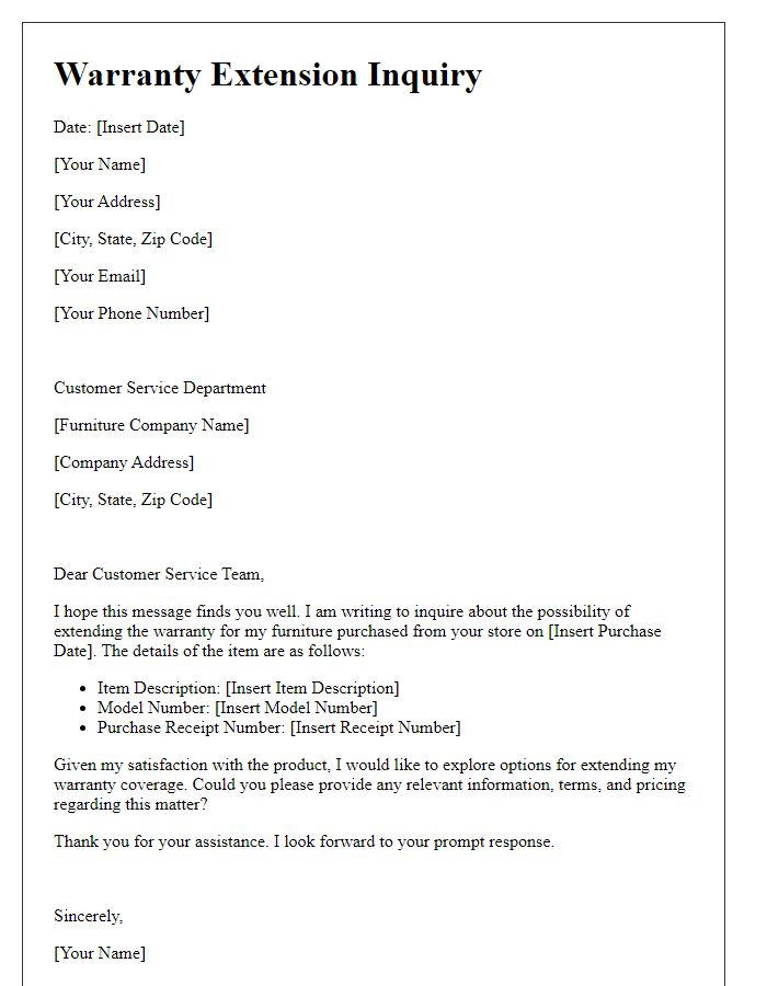 Letter template of warranty extension inquiry for furniture.