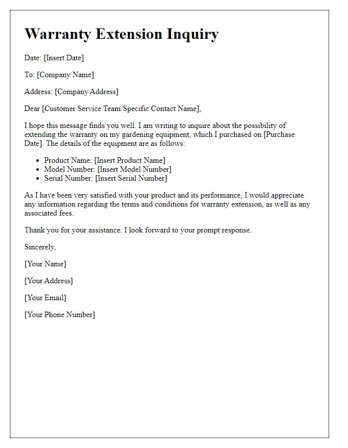 Letter template of warranty extension inquiry for gardening equipment.