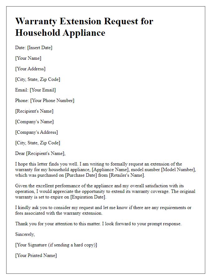 Letter template of warranty extension request for household appliances.