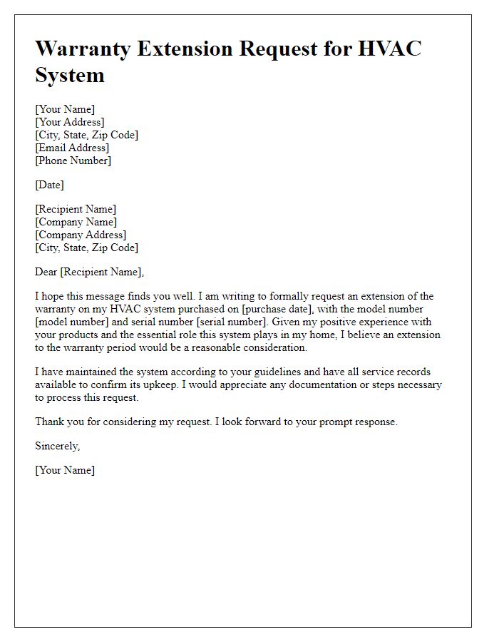 Letter template of warranty extension request for HVAC systems.