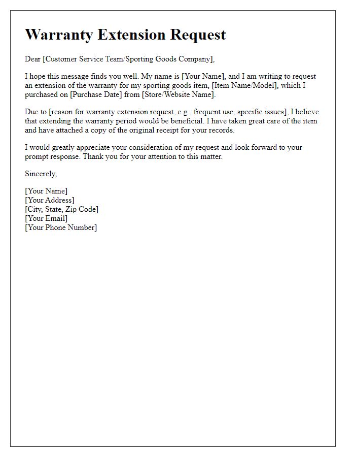 Letter template of warranty extension request for sporting goods.