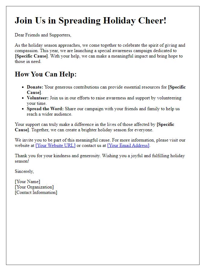 Letter template of holiday awareness campaign for specific causes.