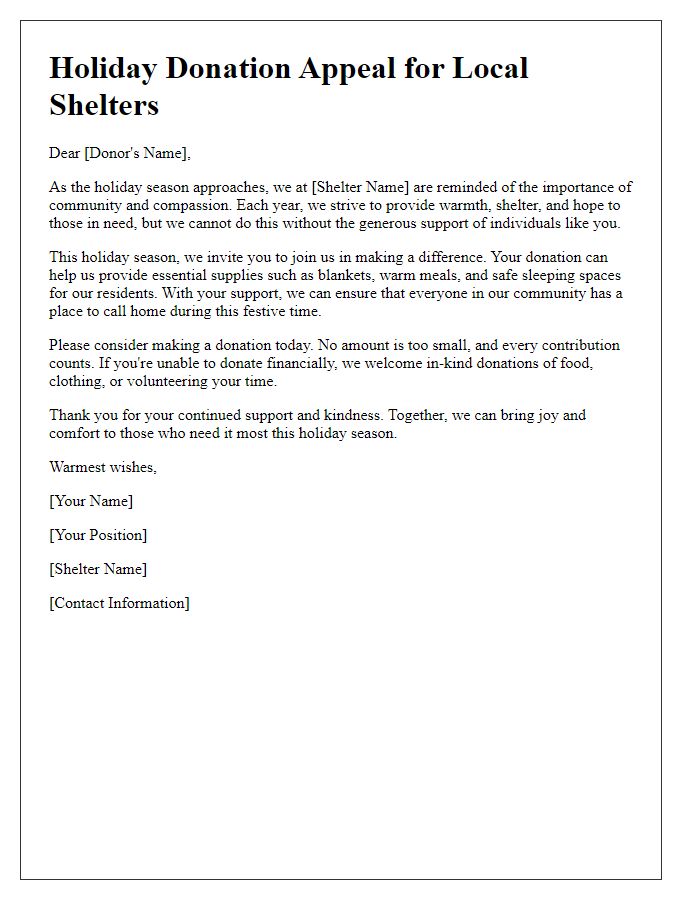 Letter template of holiday donation appeal for local shelters.