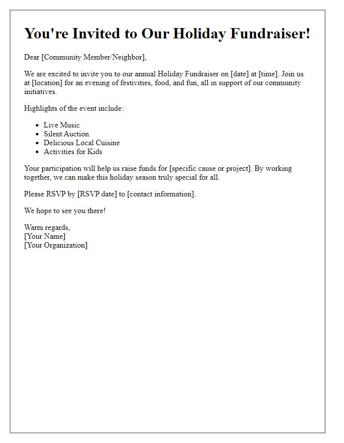 Letter template of holiday fundraiser invitation for community events.