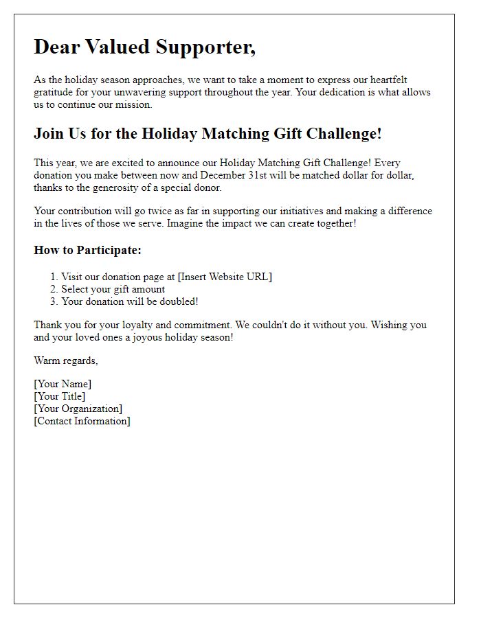 Letter template of holiday matching gift challenge for loyal supporters.