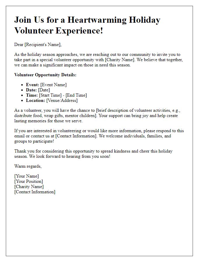 Letter template of holiday volunteer opportunity outreach for charities.