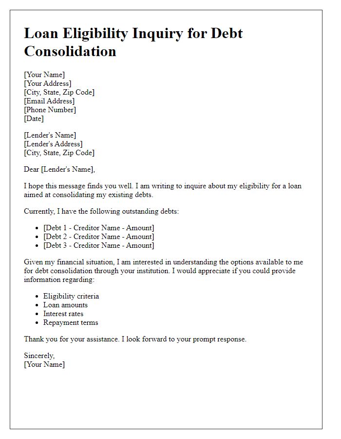 Letter template of loan eligibility inquiry for debt consolidation.