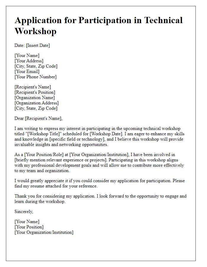 Letter template of application for technical workshop participation