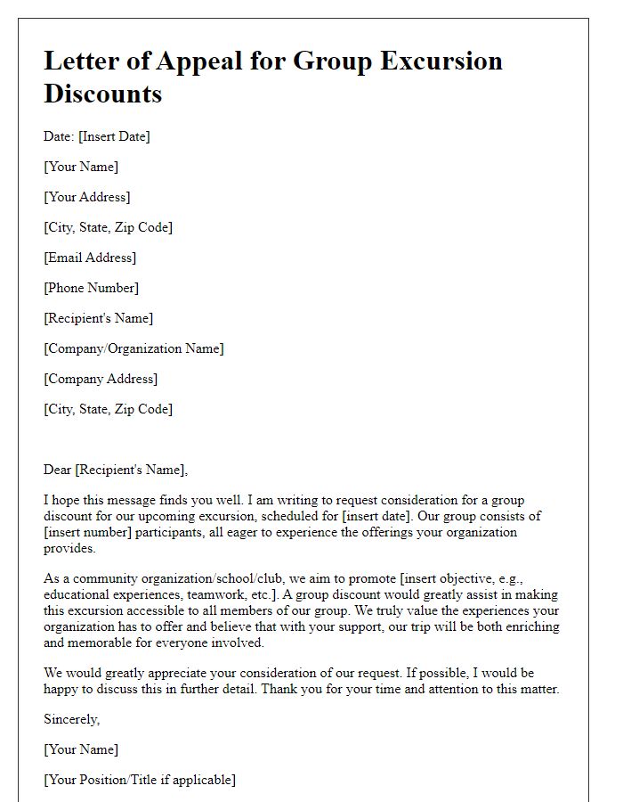 Letter template of appeal for group excursion discounts