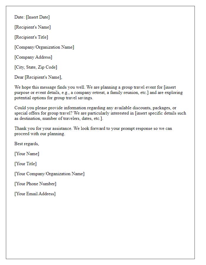 Letter template of correspondence for group travel savings availability