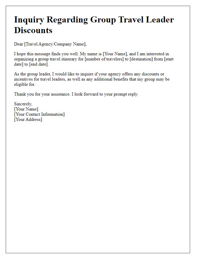 Letter template of inquiry regarding group travel leader discounts