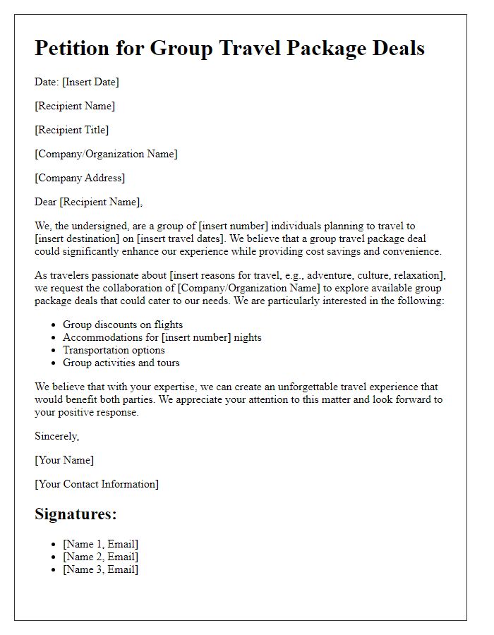 Letter template of petition for group travel package deals