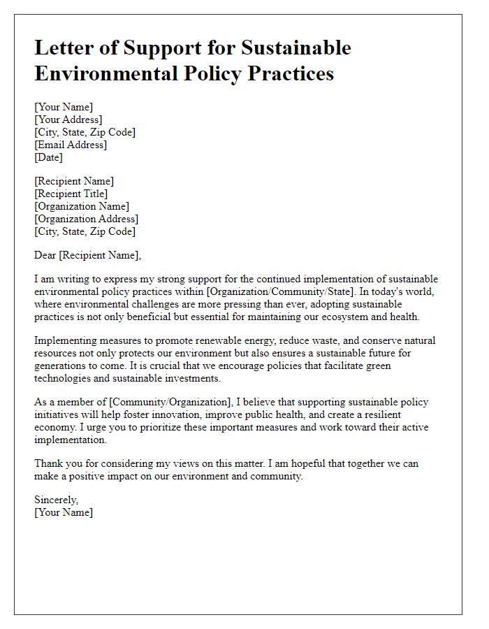 Letter template of support for sustainable environmental policy practices