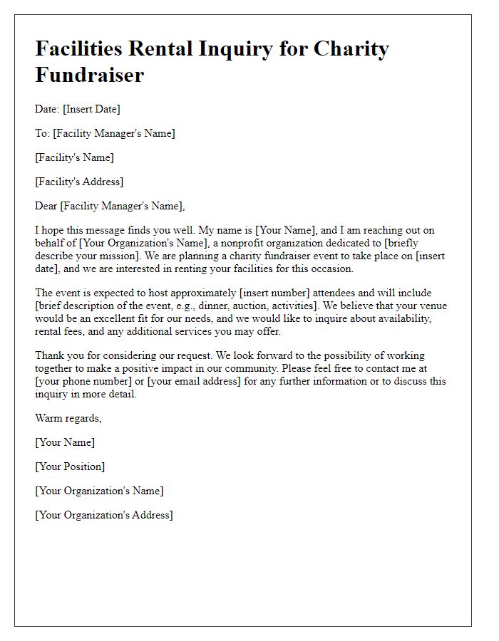 Letter template of facilities rental inquiry for a charity fundraiser.