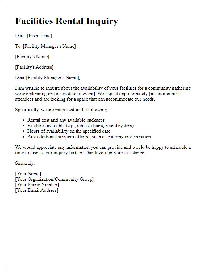 Letter template of facilities rental inquiry for a community gathering.