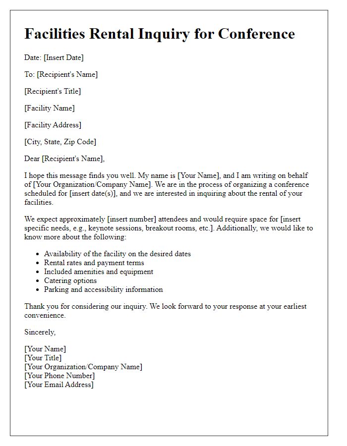 Letter template of facilities rental inquiry for a conference.