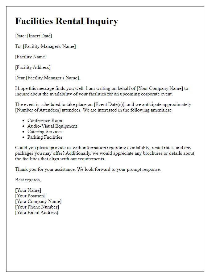 Letter template of facilities rental inquiry for a corporate event.