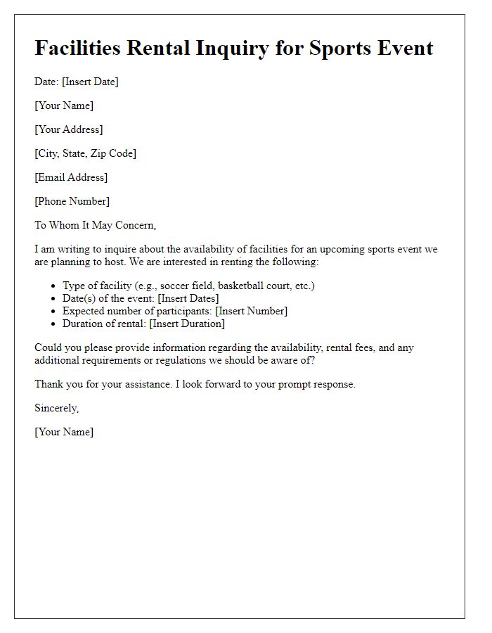 Letter template of facilities rental inquiry for a sports event.