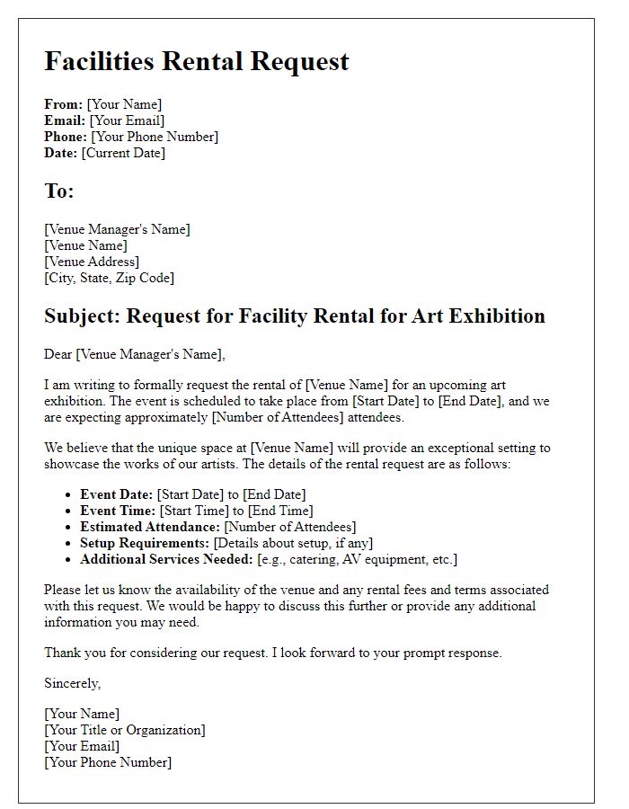 Letter template of facilities rental request for an art exhibition.