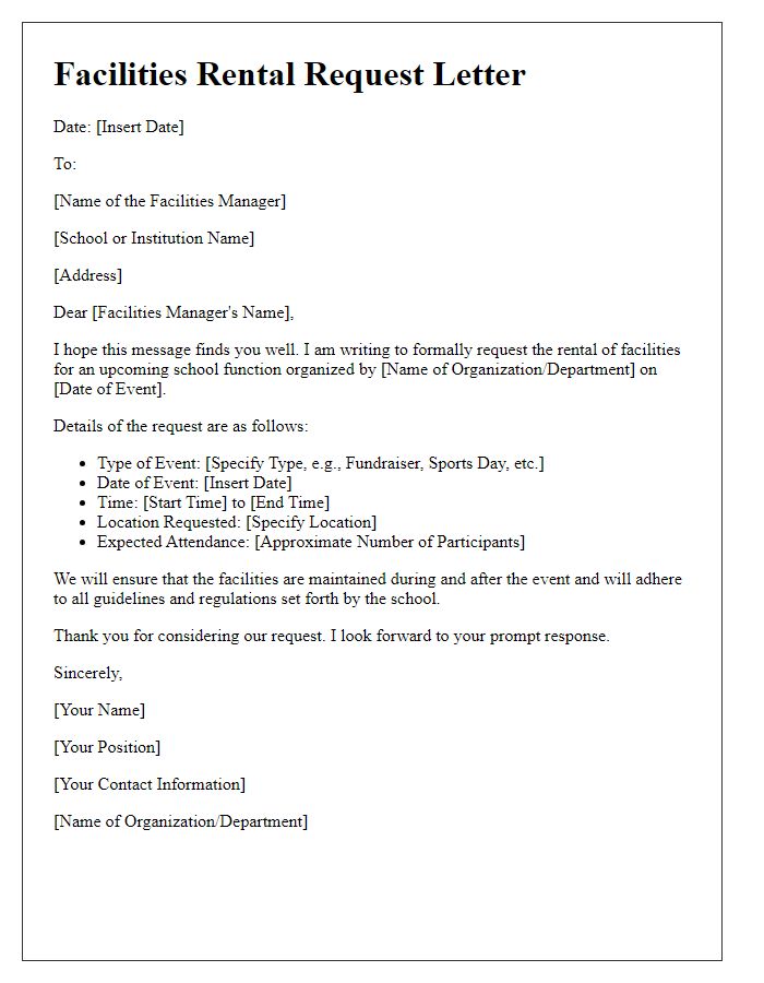 Letter template of facilities rental request for a school function.