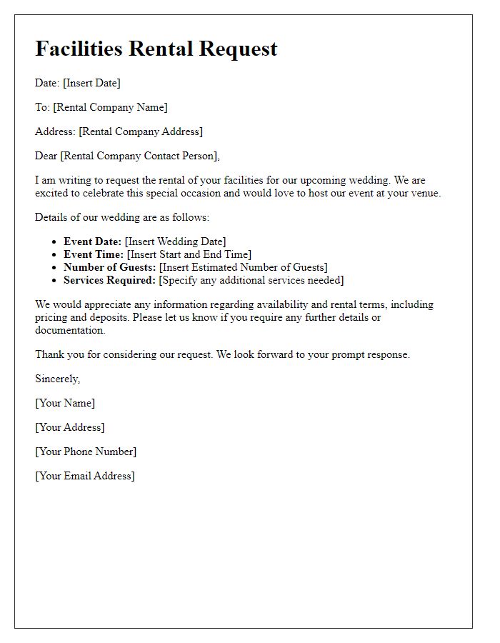 Letter template of facilities rental request for a wedding.