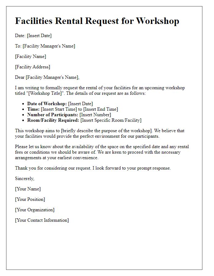 Letter template of facilities rental request for a workshop.