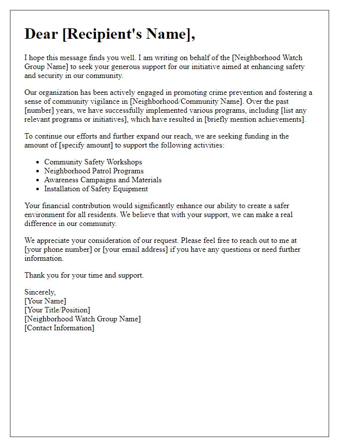 Letter template of appeal for funding support for neighborhood watch initiatives.