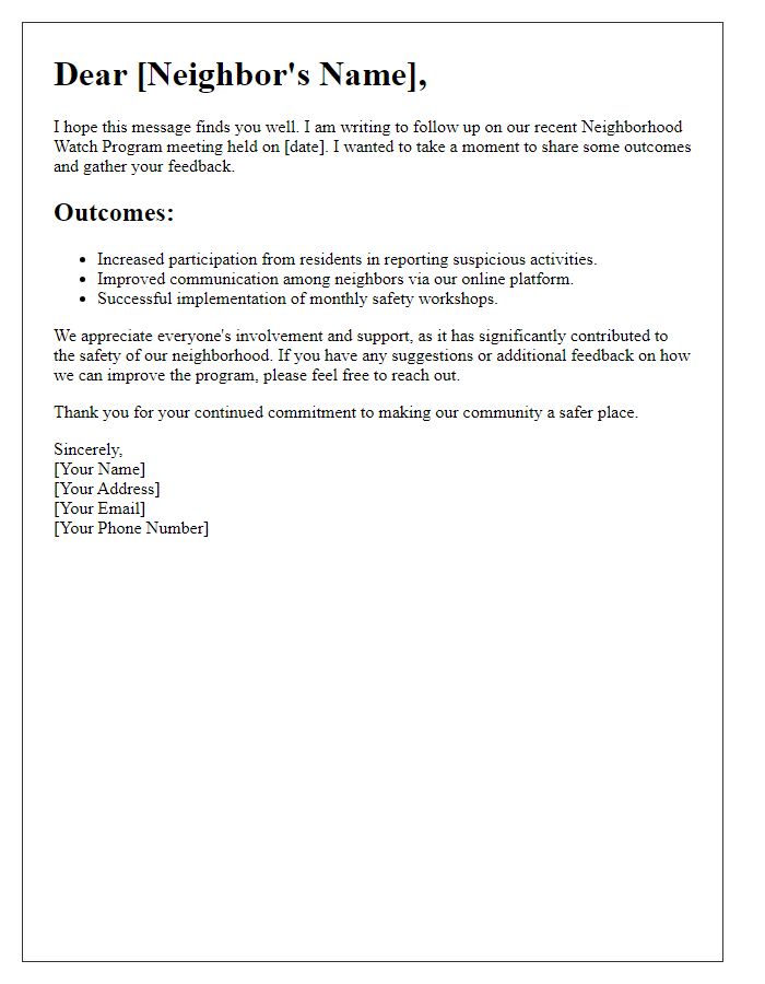 Letter template of follow-up on neighborhood watch program outcomes.