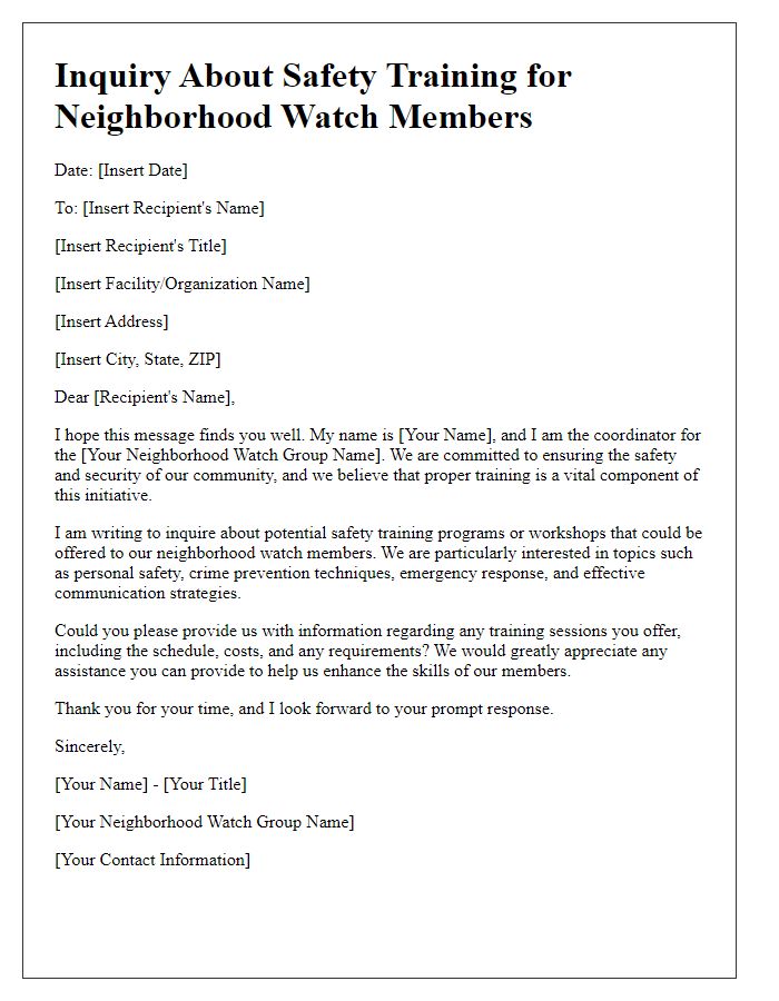 Letter template of inquiry about safety training for neighborhood watch members.