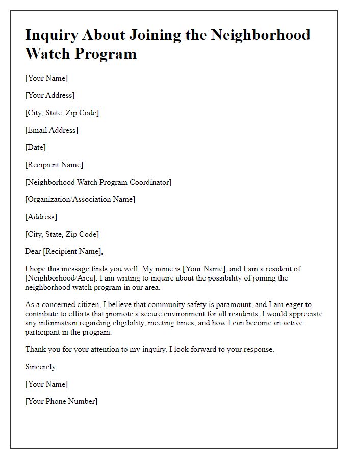 Letter template of inquiry for joining a neighborhood watch program.