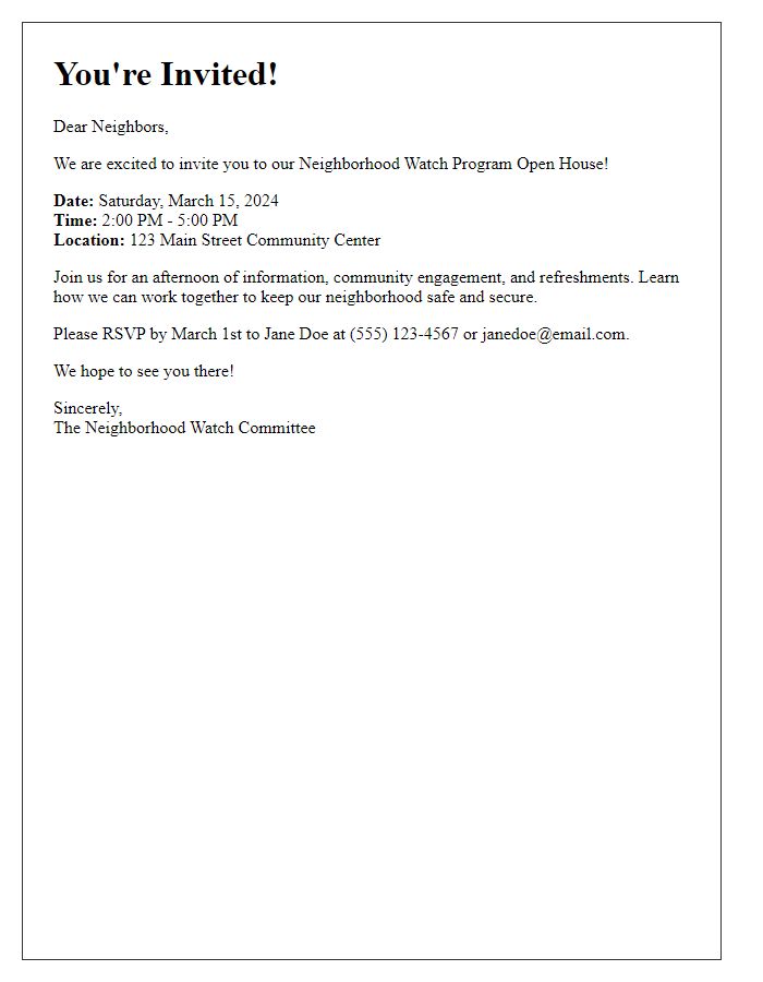 Letter template of invitation to neighborhood watch program open house.