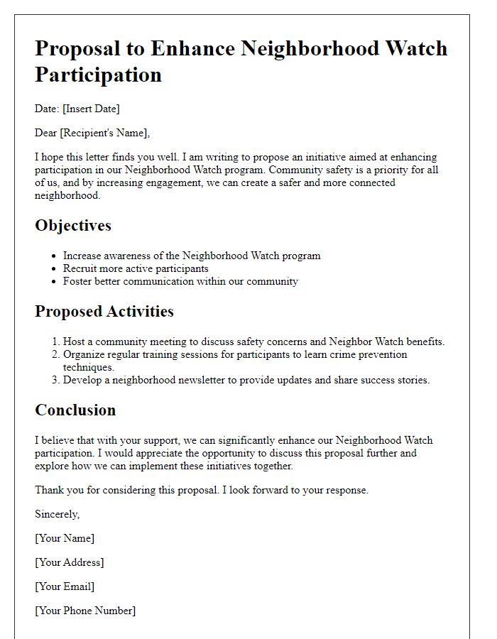 Letter template of proposal to enhance neighborhood watch participation.