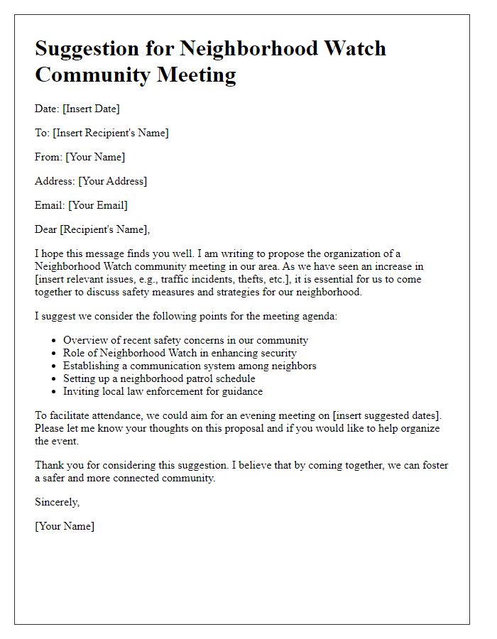 Letter template of suggestion for neighborhood watch community meetings.