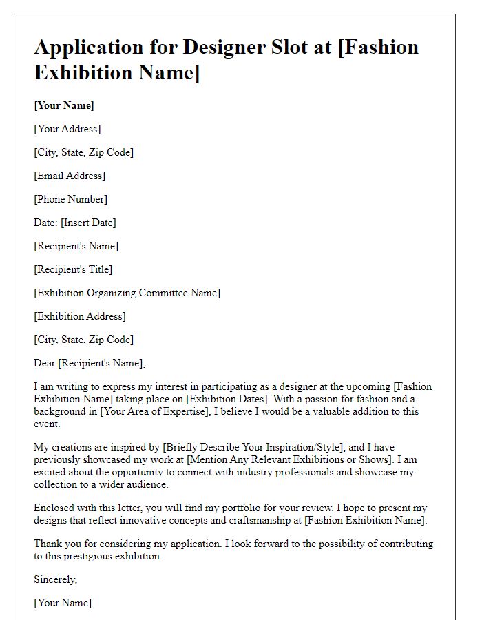 Letter template of application for a designer slot at a fashion exhibition