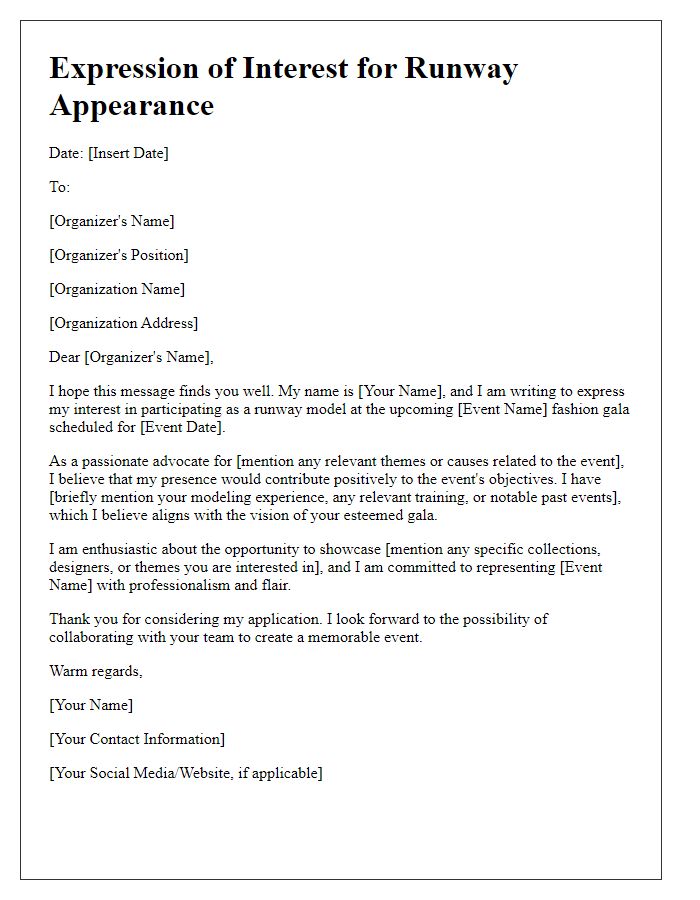 Letter template of expression of interest for a runway appearance at a fashion gala