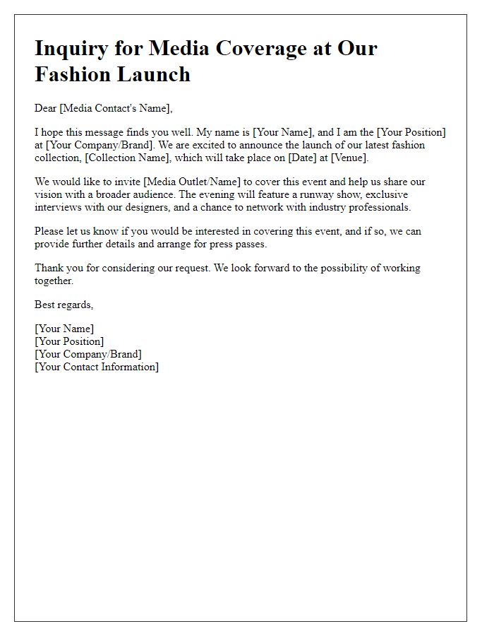 Letter template of inquiry for media coverage at a fashion launch