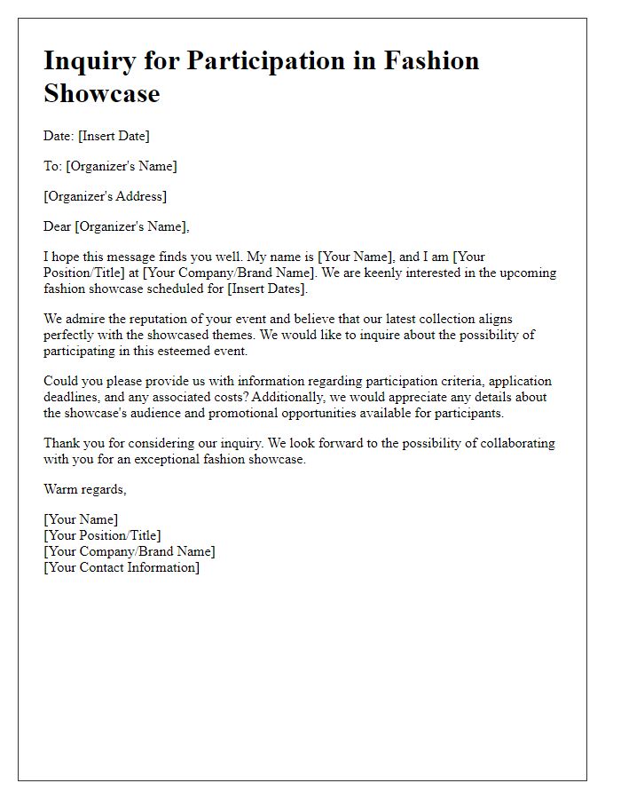 Letter template of inquiry for participation in a fashion showcase