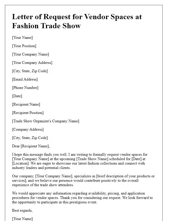 Letter template of request for vendor spaces at a fashion trade show