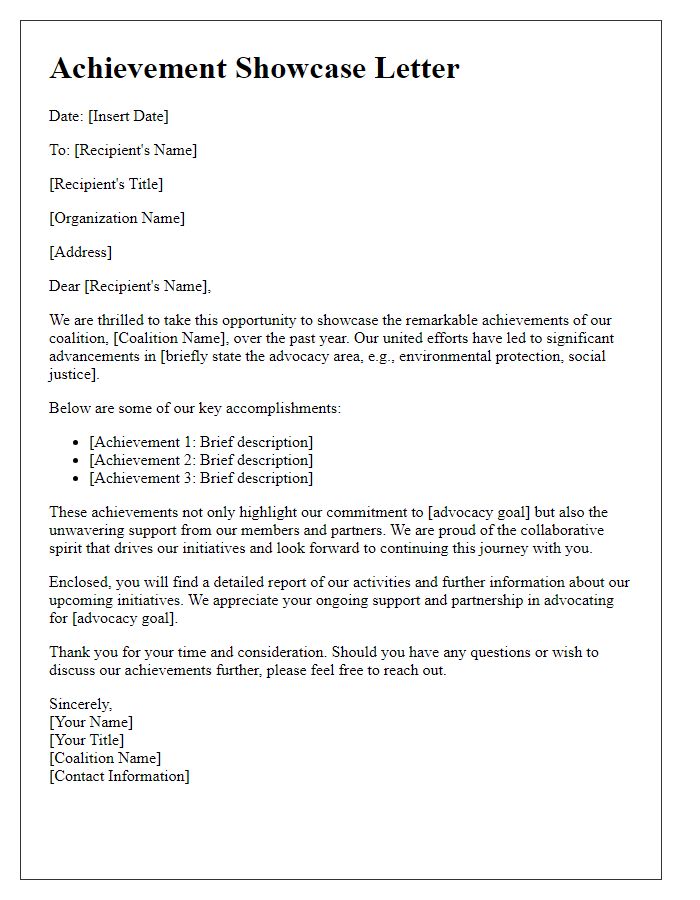 Letter template of achievement showcase for advocacy group coalition