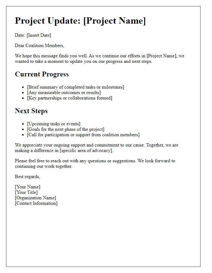 Letter template of project update for advocacy group coalition