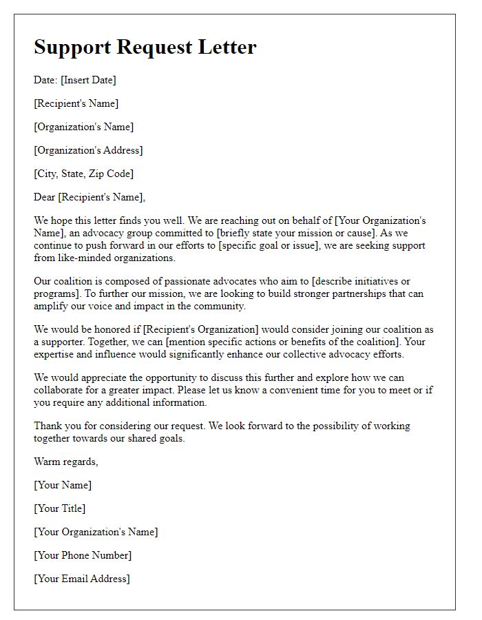 Letter template of support request for advocacy group coalition