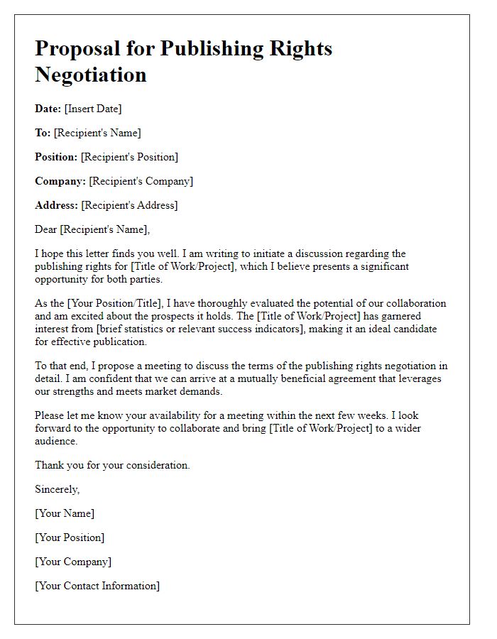 Letter template of proposal for publishing rights negotiation