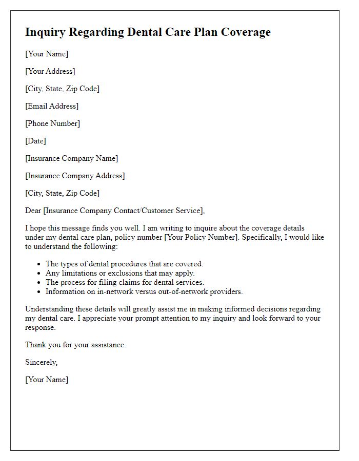 Letter template of question regarding coverage under dental care plans.