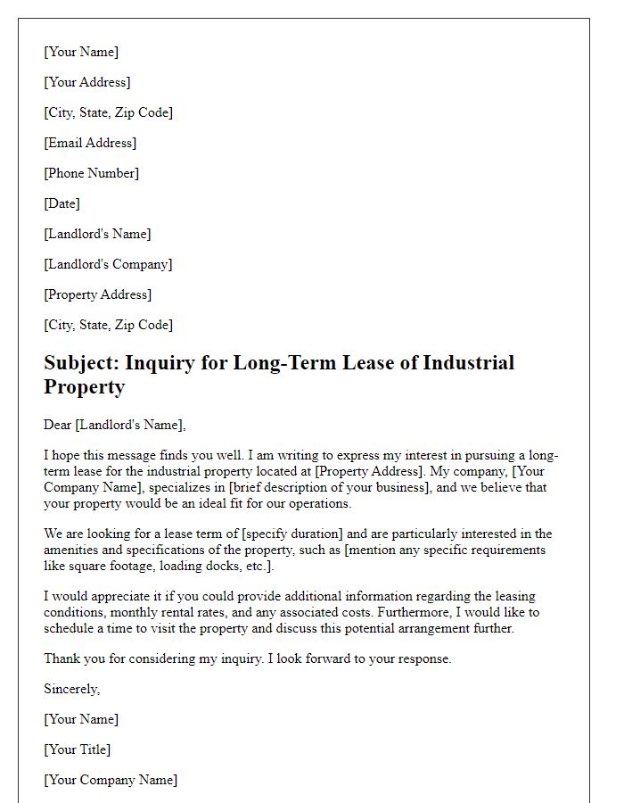 Letter template of long-term lease inquiry for industrial property