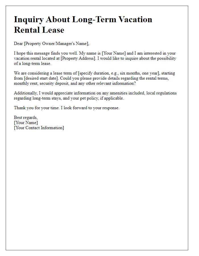 Letter template of long-term lease inquiry for vacation rental