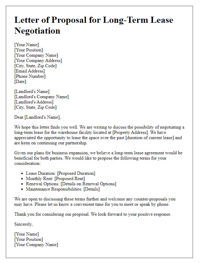 Letter template of long-term lease negotiation for warehouse facility