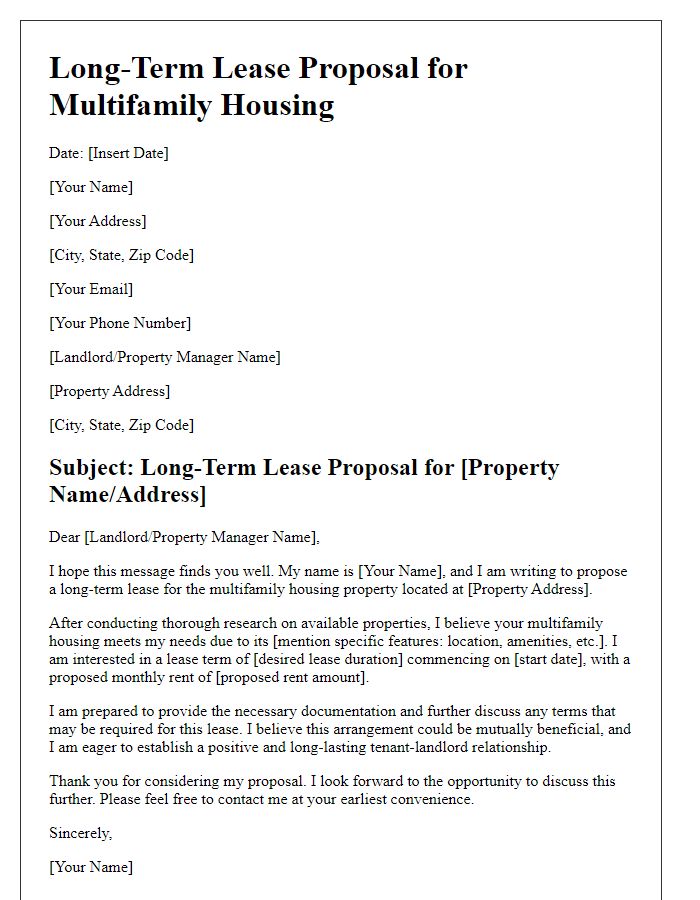 Letter template of long-term lease proposal for multifamily housing