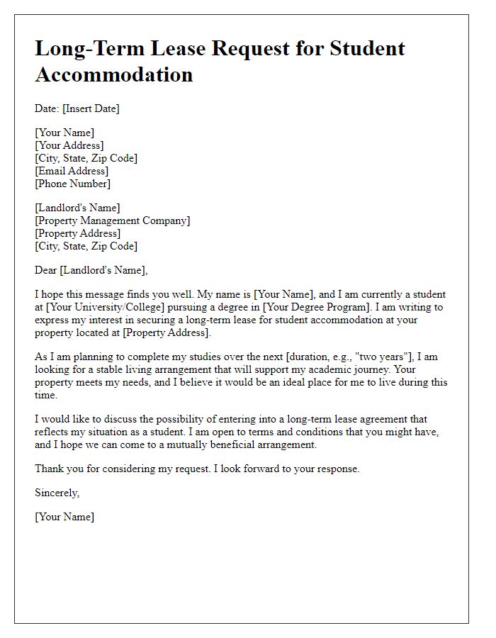 Letter template of long-term lease request for student accommodation